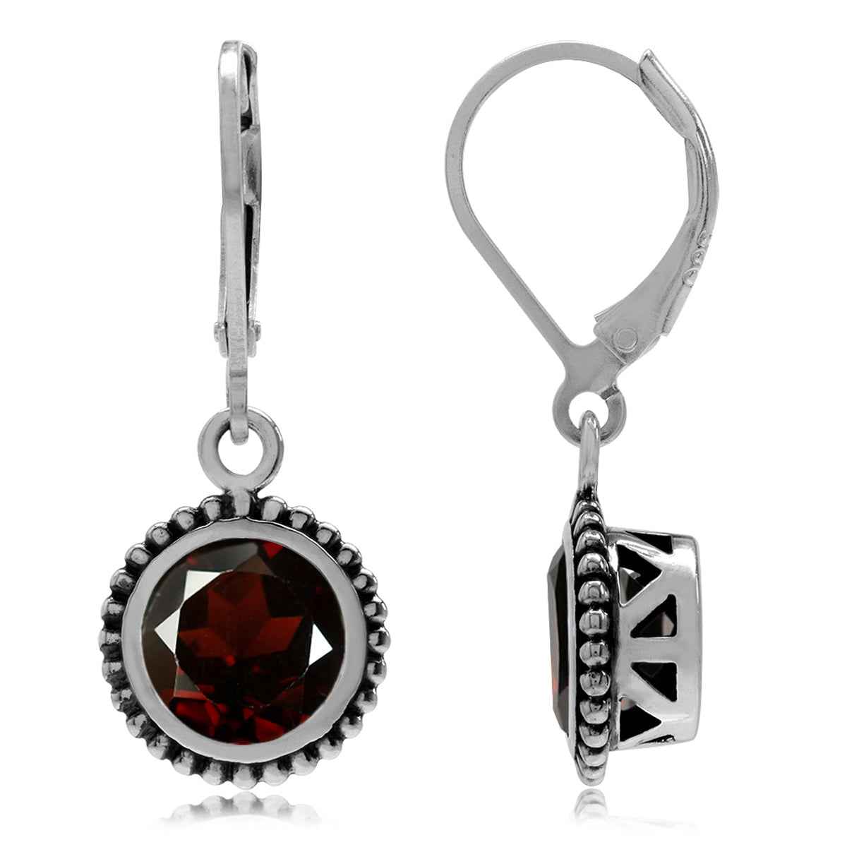 4.54ct. Natural Round Shape Garnet 925 Sterling Silver Balinese Style Leverback Earrings