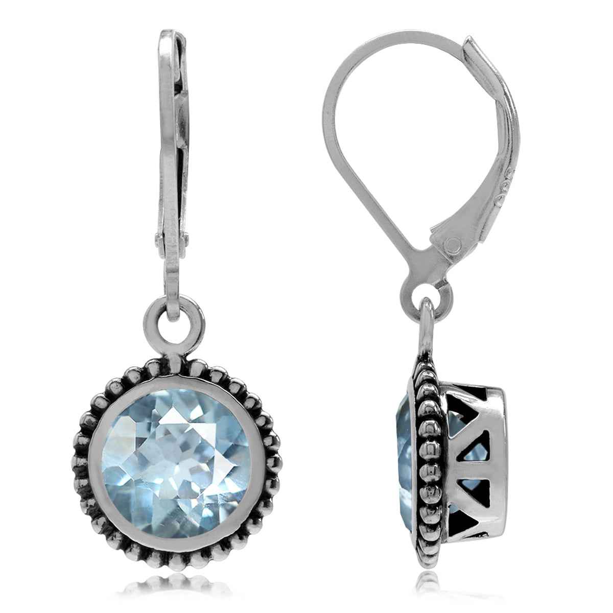 4.9ct. Genuine Round Shape Blue Topaz 925 Sterling Silver Balinese Style Leverback Earrings