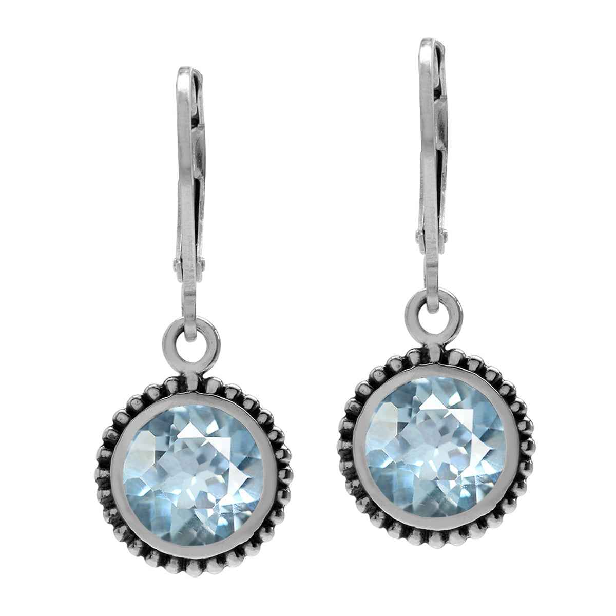 4.9ct. Genuine Round Shape Blue Topaz 925 Sterling Silver Balinese Style Leverback Earrings