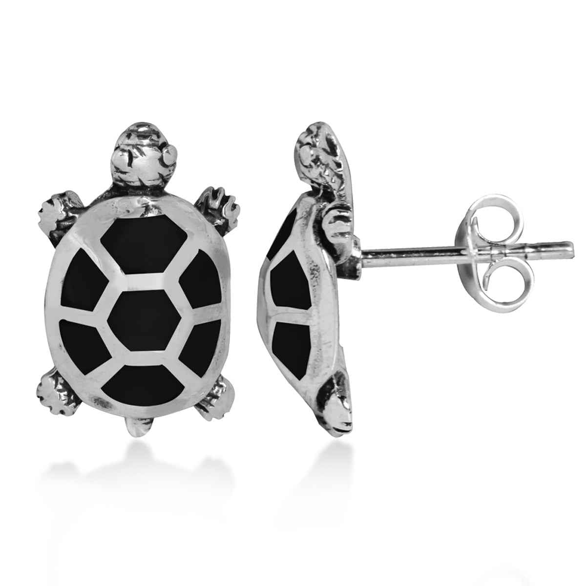 Created Black Onyx Inlay 925 Sterling Silver Turtle Post Earrings