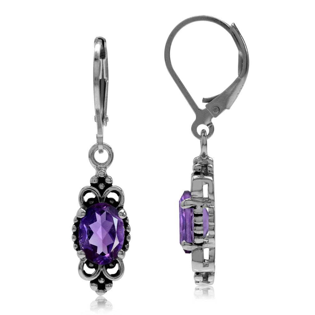 2.14ct. Natural African Amethyst 925 Sterling Silver Balinese Style Leverback Dangle Earrings - Silvershake-store