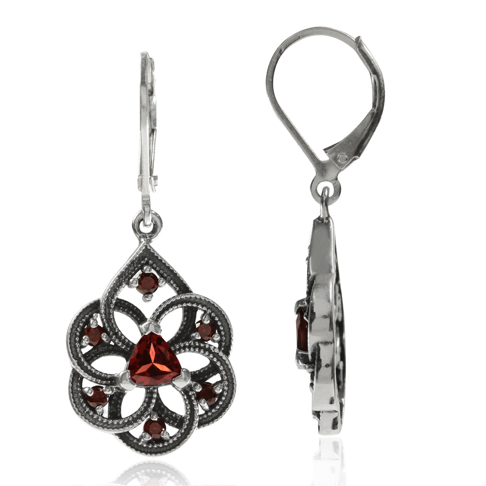 Natural Garnet 925 Sterling Silver Filigree Dangle Drop Leverback Earrings - Silvershake-store