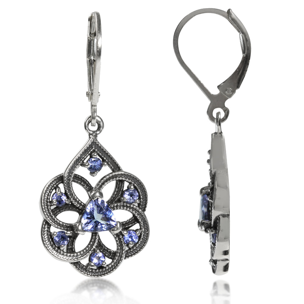 Genuine Tanzanite 925 Sterling Silver Filigree Dangle Drop Leverback Earrings - Silvershake-store