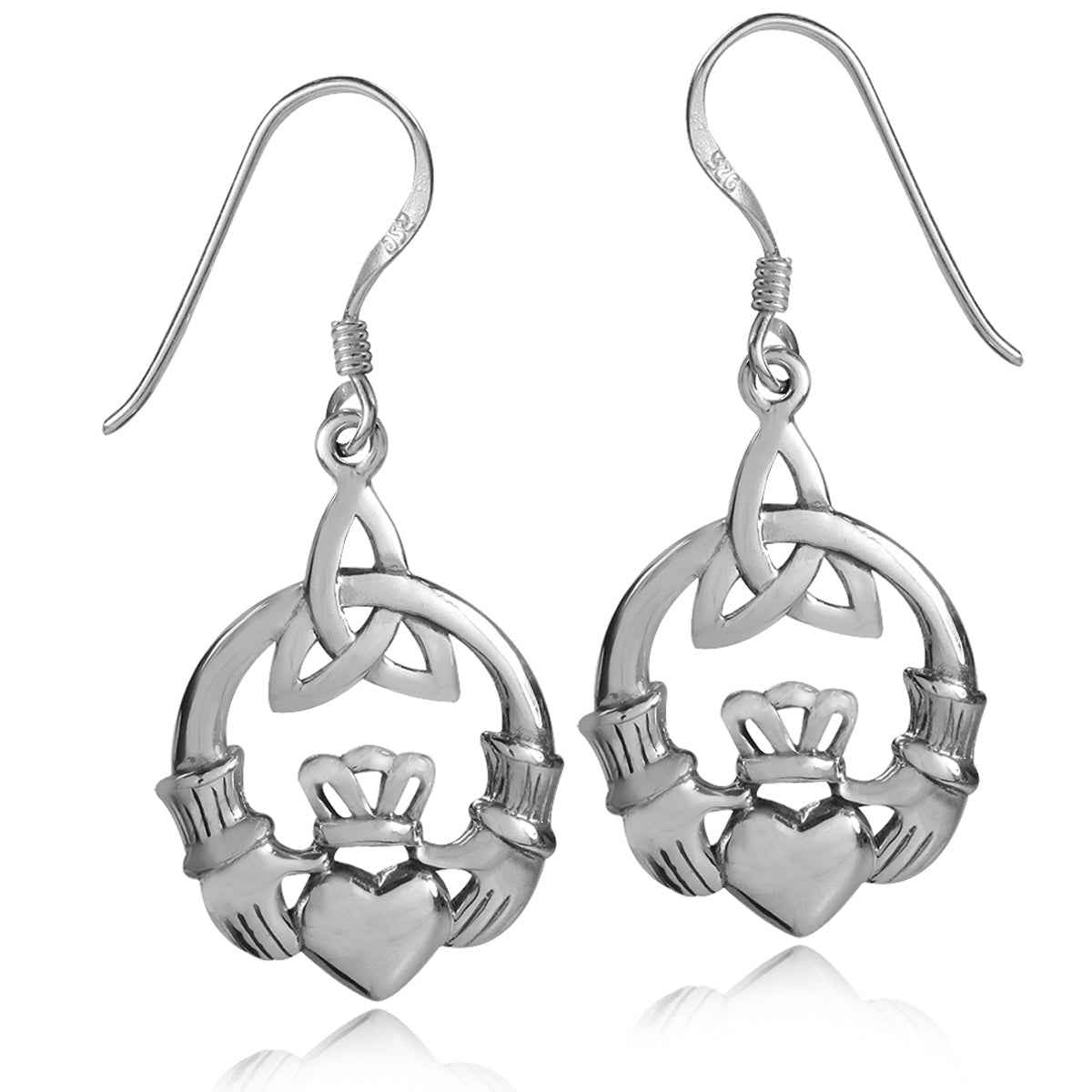 925 Sterling Silver Triquetra Celtic Knot Claddagh Dangle Hook Earrings