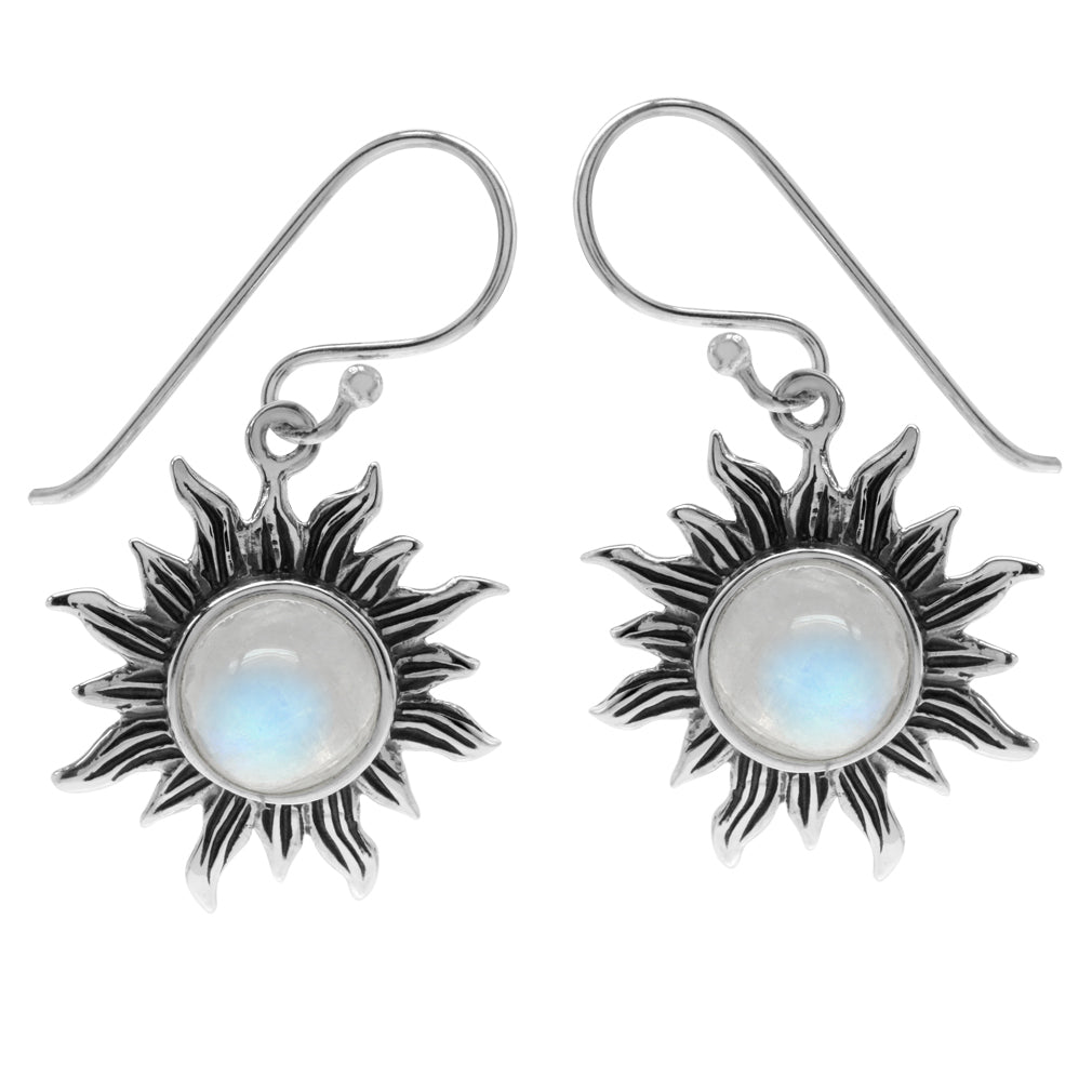 Natural Moonstone 925 Sterling Silver Sun Ray Inspired Dangle Hook Earrings - Silvershake-store