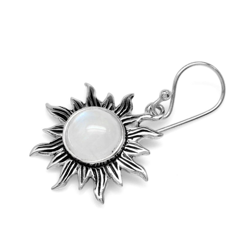 Natural Moonstone 925 Sterling Silver Sun Ray Inspired Dangle Hook Earrings - Silvershake-store
