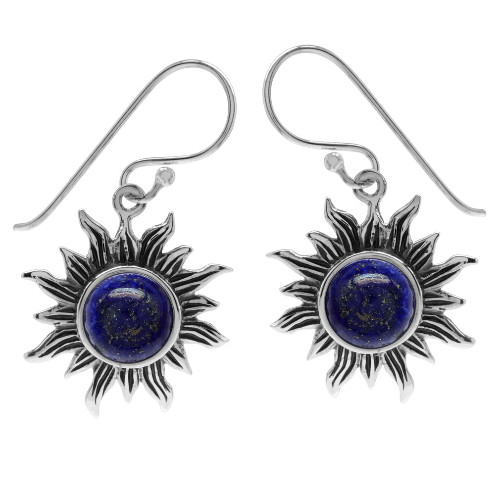 Genuine Lapis 925 Sterling Silver Sun Ray Inspired Dangle Hook Earrings - Silvershake-store