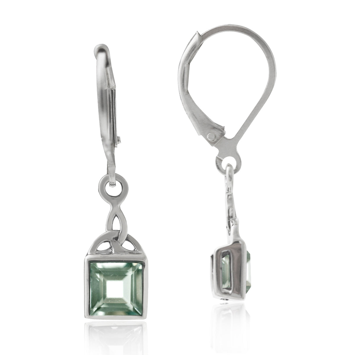 1.26ct. Natural Green Amethyst 925 Sterling Silver Triquetra Celtic Knot Leverback Earrings