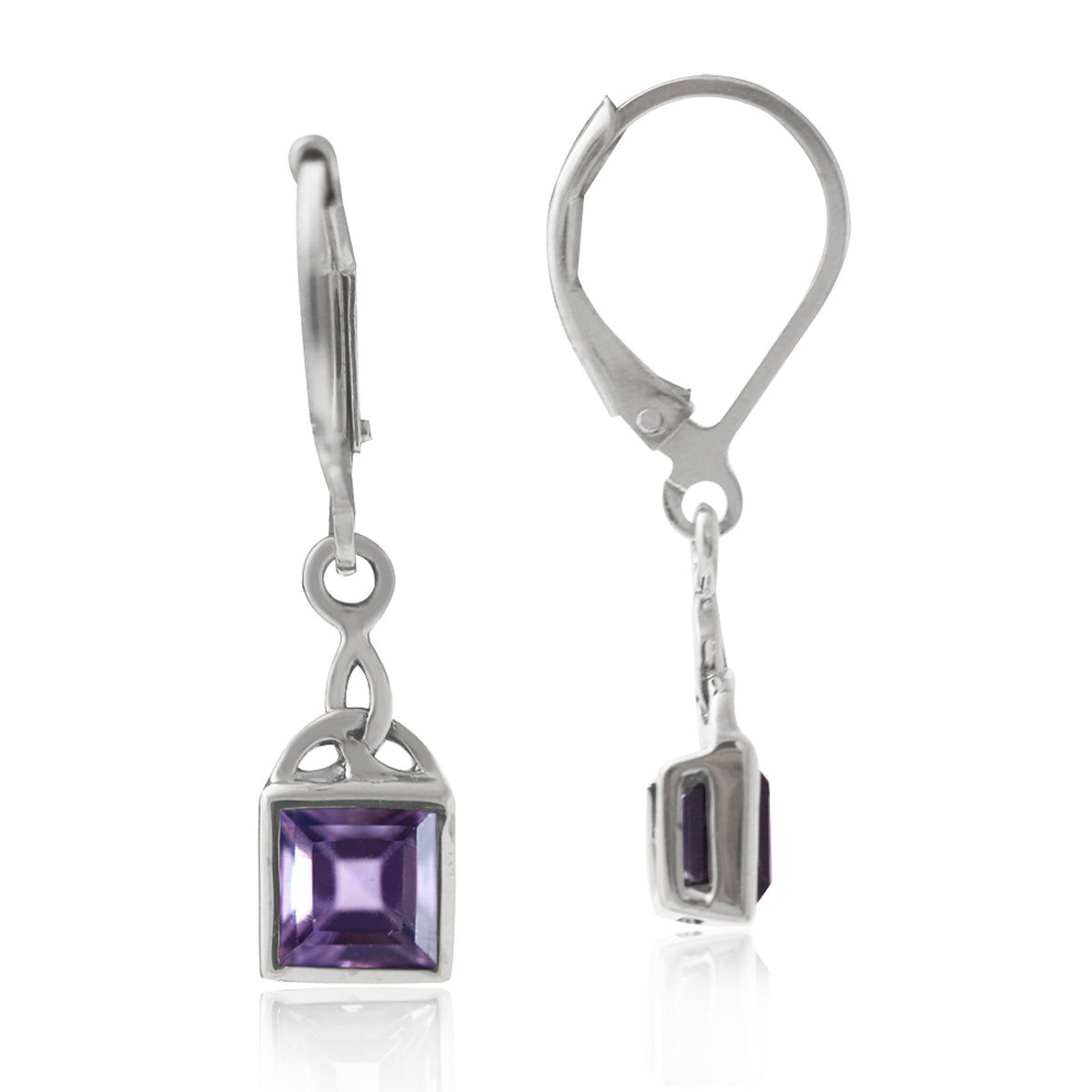 1.36ct. Natural Amethyst 925 Sterling Silver Triquetra Celtic Knot Leverback Dangle Earrings