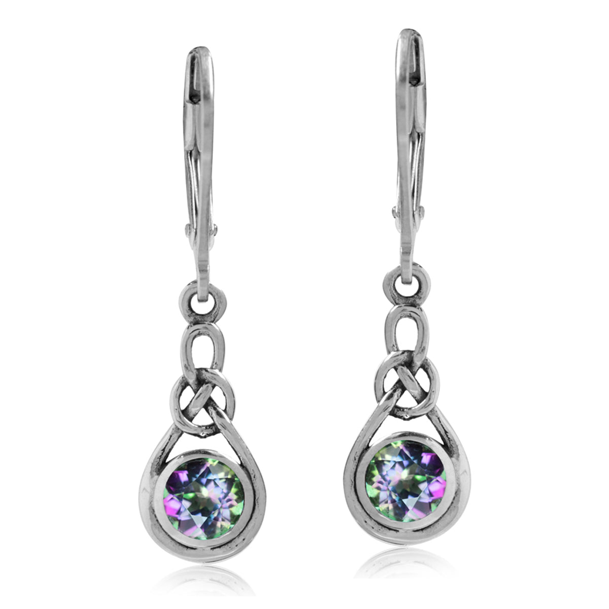 1.22ct. Mystic Fire Topaz 925 Sterling Silver Celtic Knot Drop Leverback Dangle Earrings - Silvershake-store