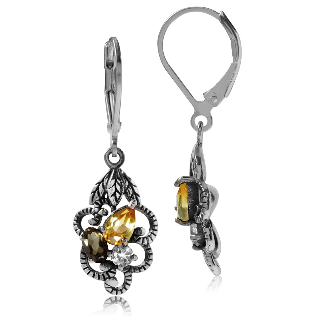 Natural Citrine Smoky Quartz and White Topaz 925 Sterling Silver Leaf Leverback Dangle Earrings