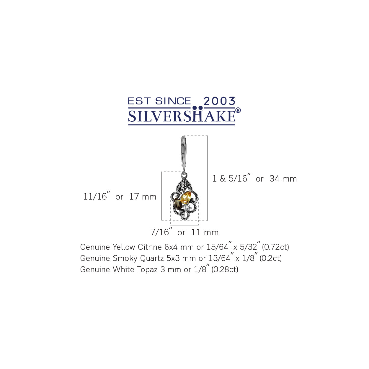 Natural Citrine Smoky Quartz and White Topaz 925 Sterling Silver Leaf Leverback Dangle Earrings