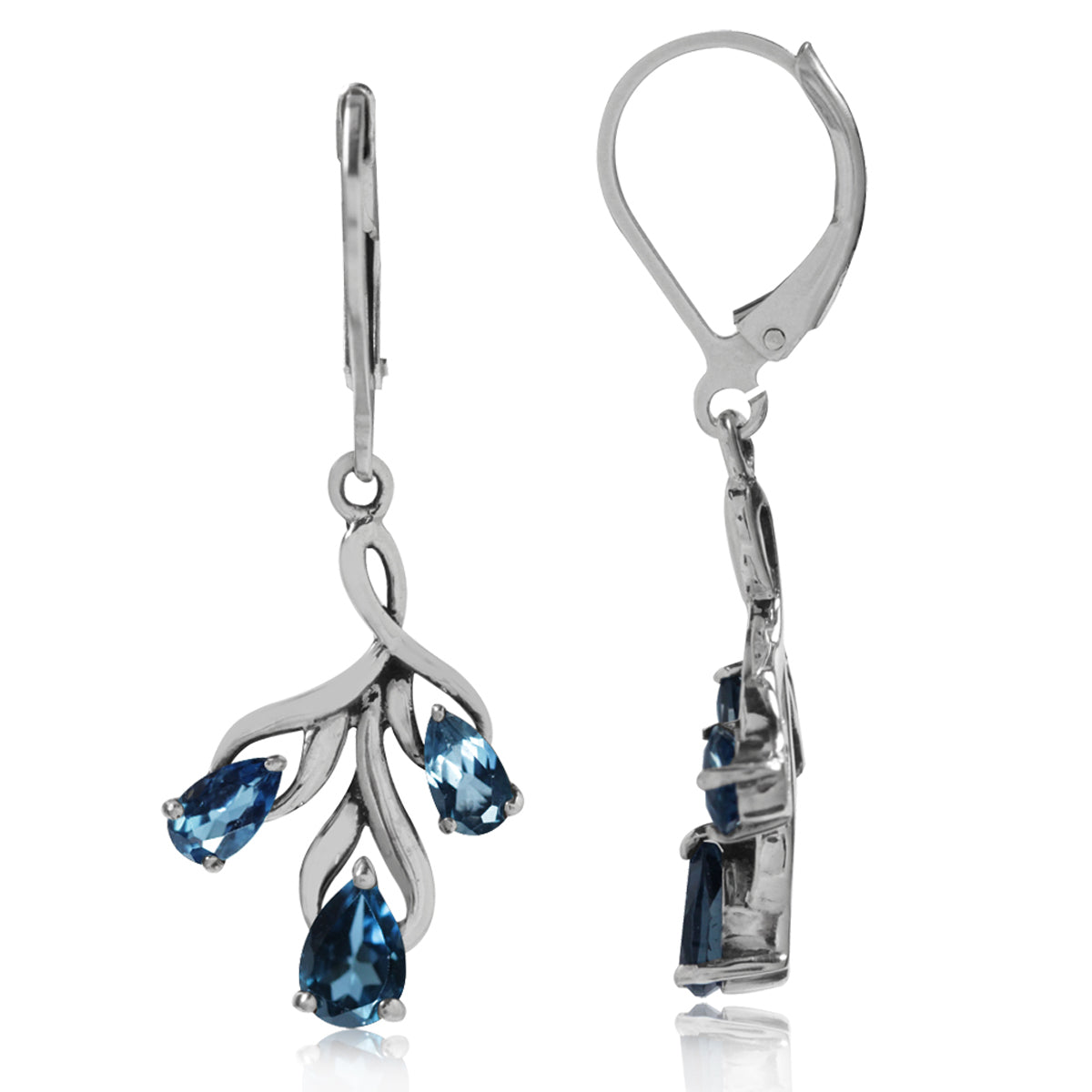 1.92ct. 3 Stone Genuine London Blue Topaz 925 Sterling Silver Leaf Dangle Leverback Earrings