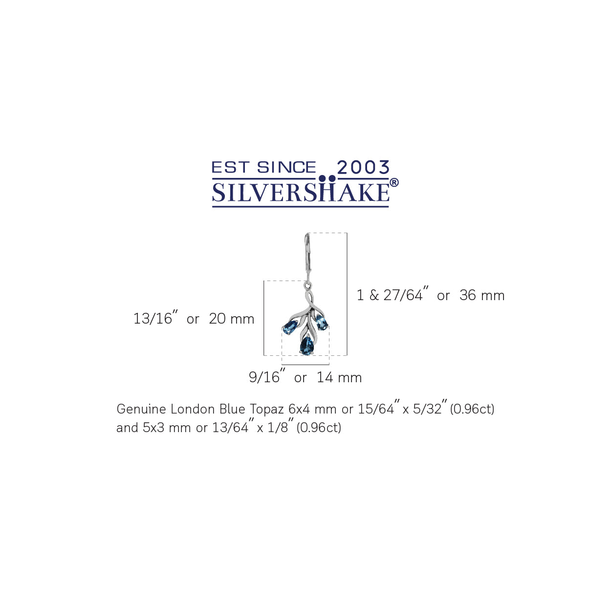1.92ct. 3 Stone Genuine London Blue Topaz 925 Sterling Silver Leaf Dangle Leverback Earrings
