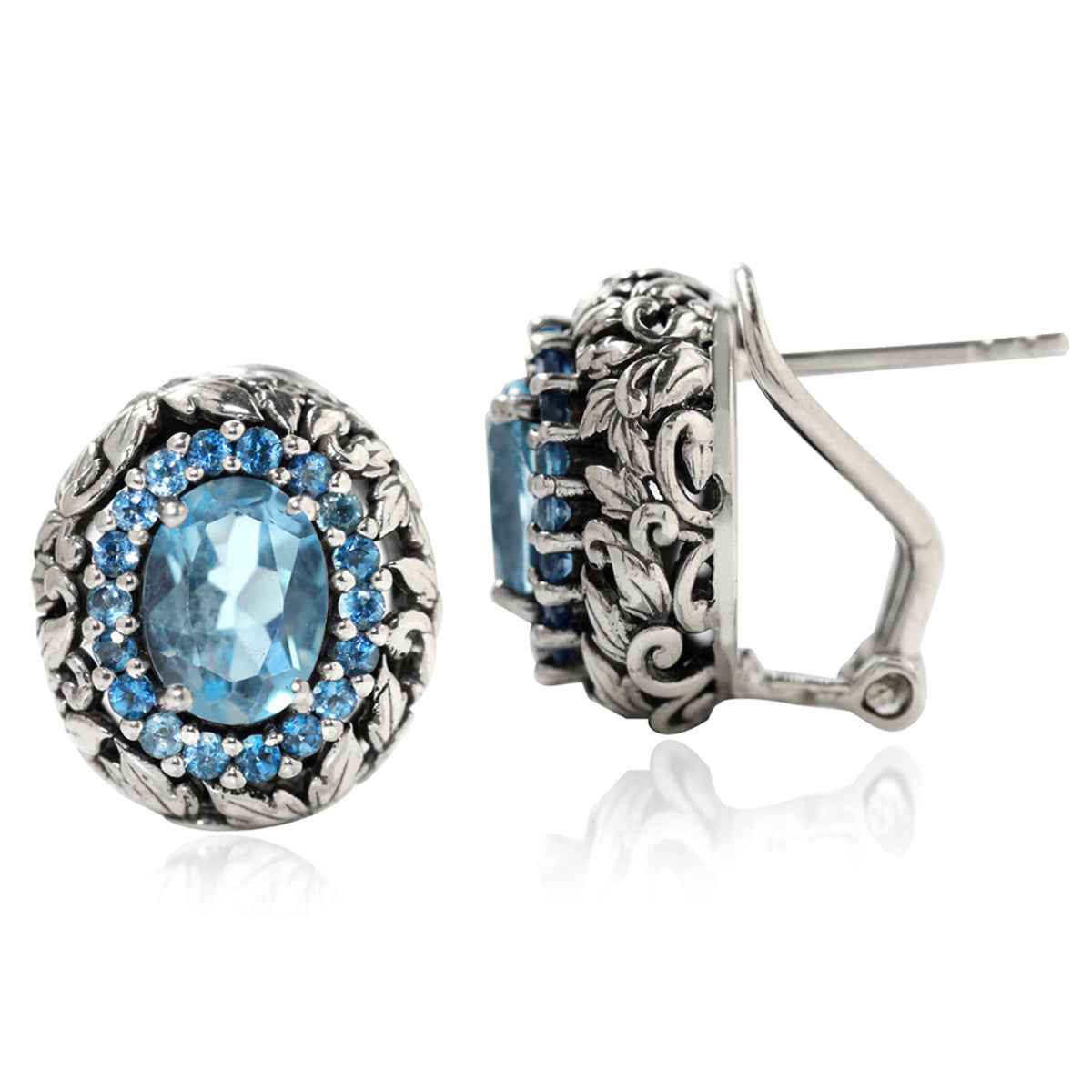 3.06ct. Genuine London Blue Topaz 925 Sterling Silver Leaf Vintage Style Omega Clip Earrings