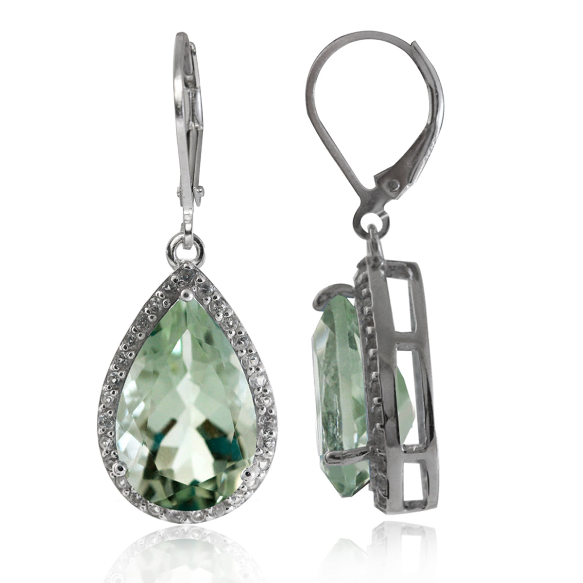 8.62ct. Natural Green Amethyst and White Topaz Gold Plated 925 Sterling Silver Drop Leverback Earrings