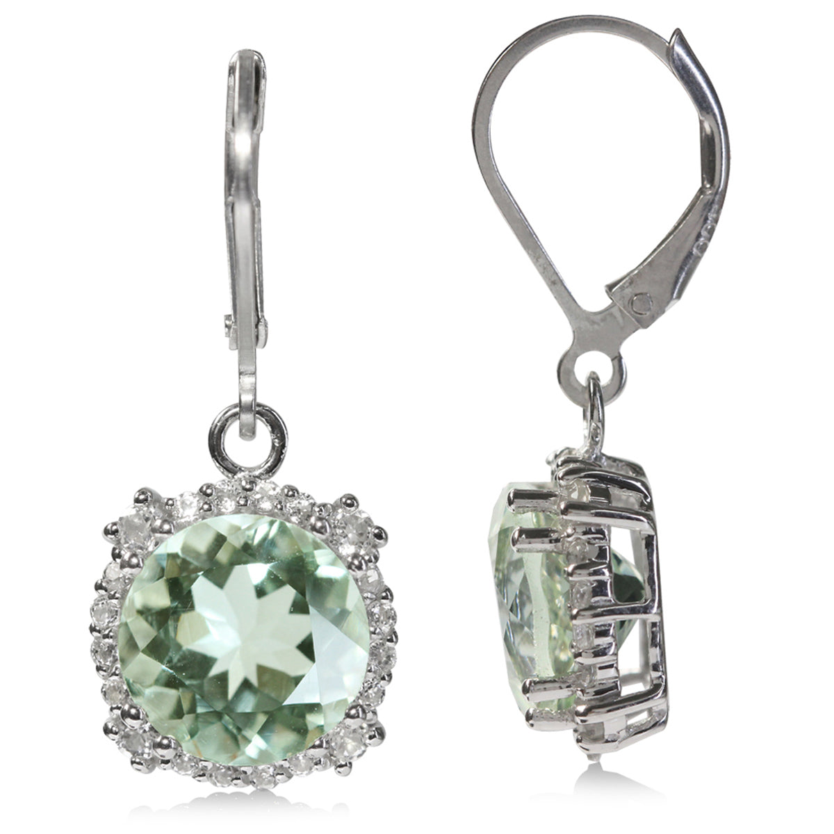 7.5ct. 10mm Natural Round Shape Green Amethyst and White Topaz 925 Sterling Silver Leverback Earrings