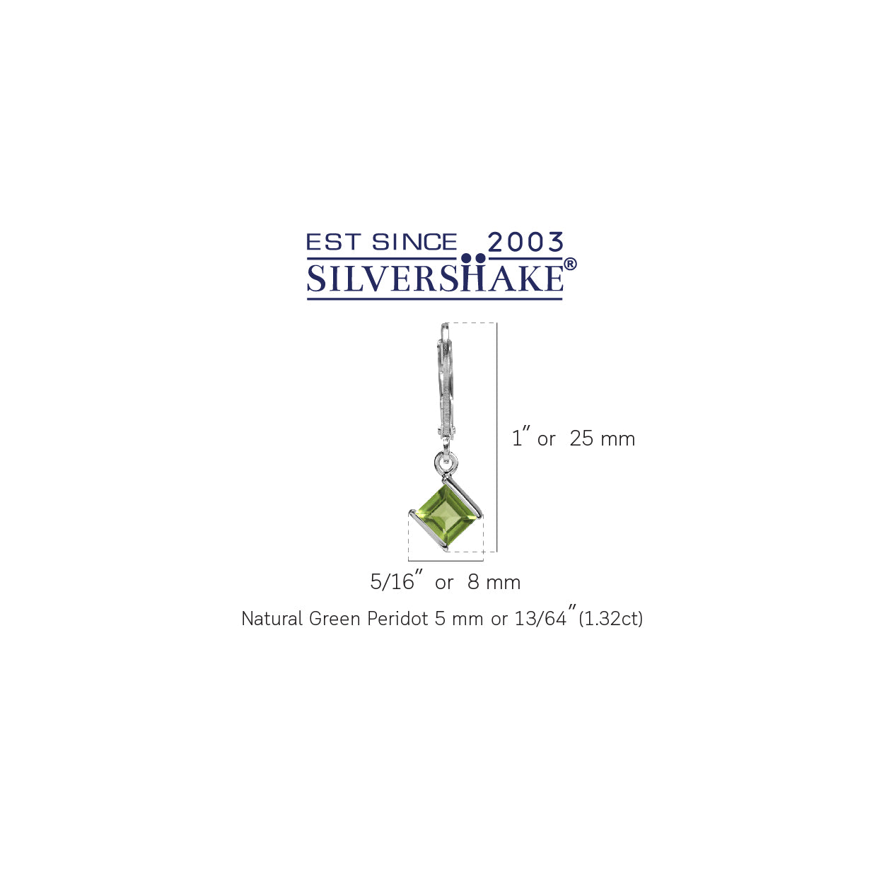 1.32ct. 5mm Natural Square Shape Peridot 925 Sterling Silver Leverback Dangle Earrings