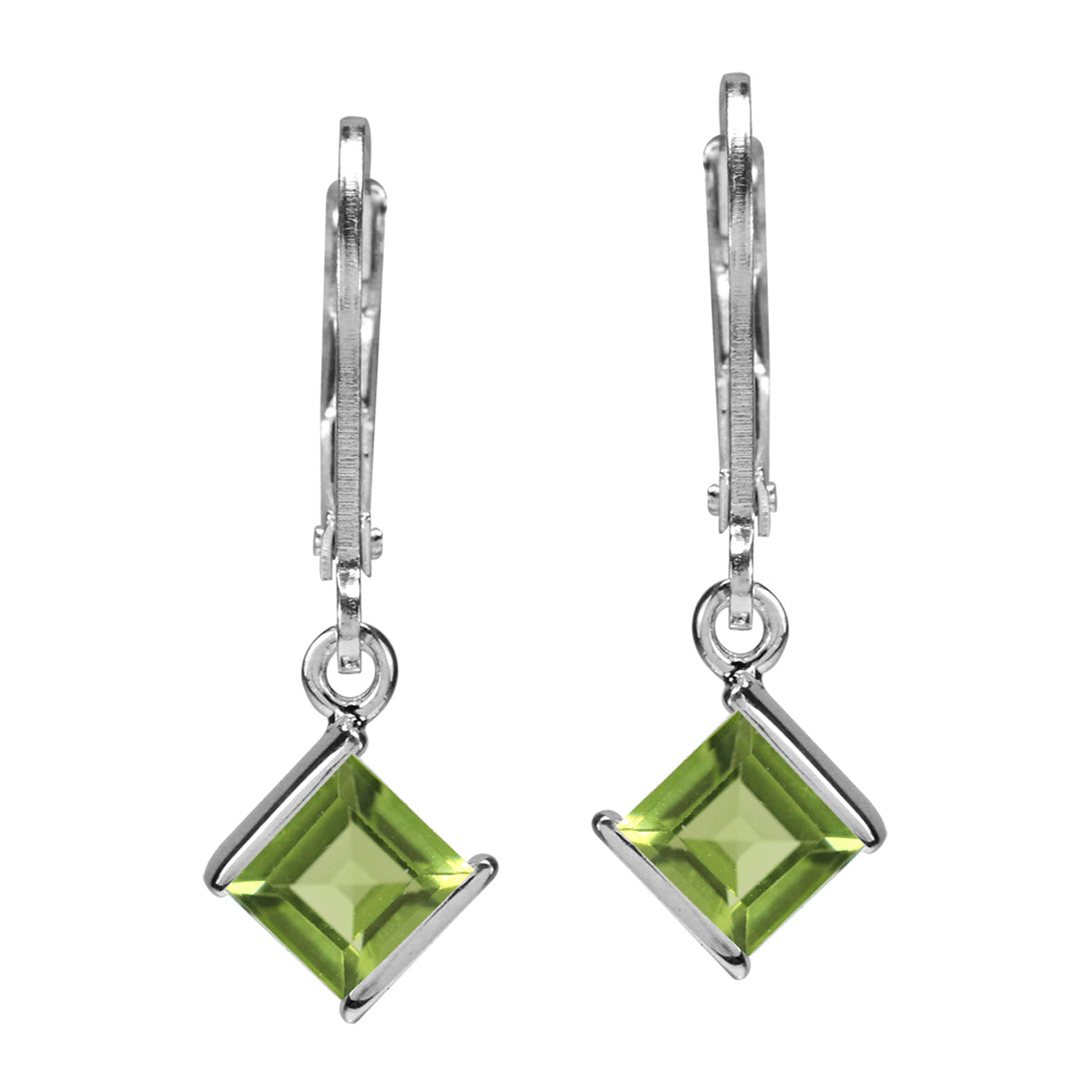 1.32ct. 5mm Natural Square Shape Peridot 925 Sterling Silver Leverback Dangle Earrings