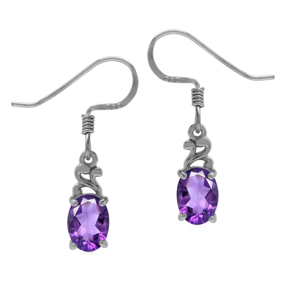 Petite Oval Shape 7x5mm Genuine African Amethyst 925 Sterling Silver Victorian Style Dangle Earrings