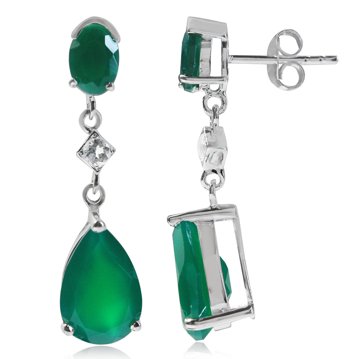 6.2ct. Natural Emerald Green Agate and White Topaz 925 Sterling Silver Drop Dangle Stud Post Earrings - Silvershake-store