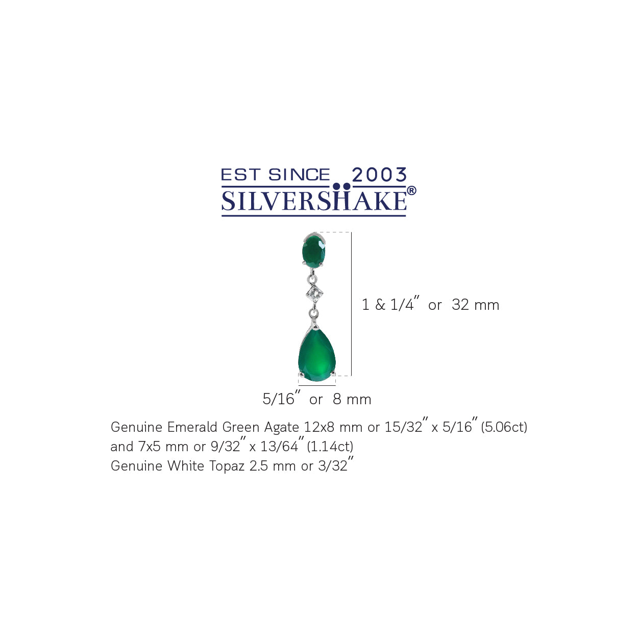 6.2ct. Natural Emerald Green Agate and White Topaz 925 Sterling Silver Drop Dangle Stud Post Earrings - Silvershake-store