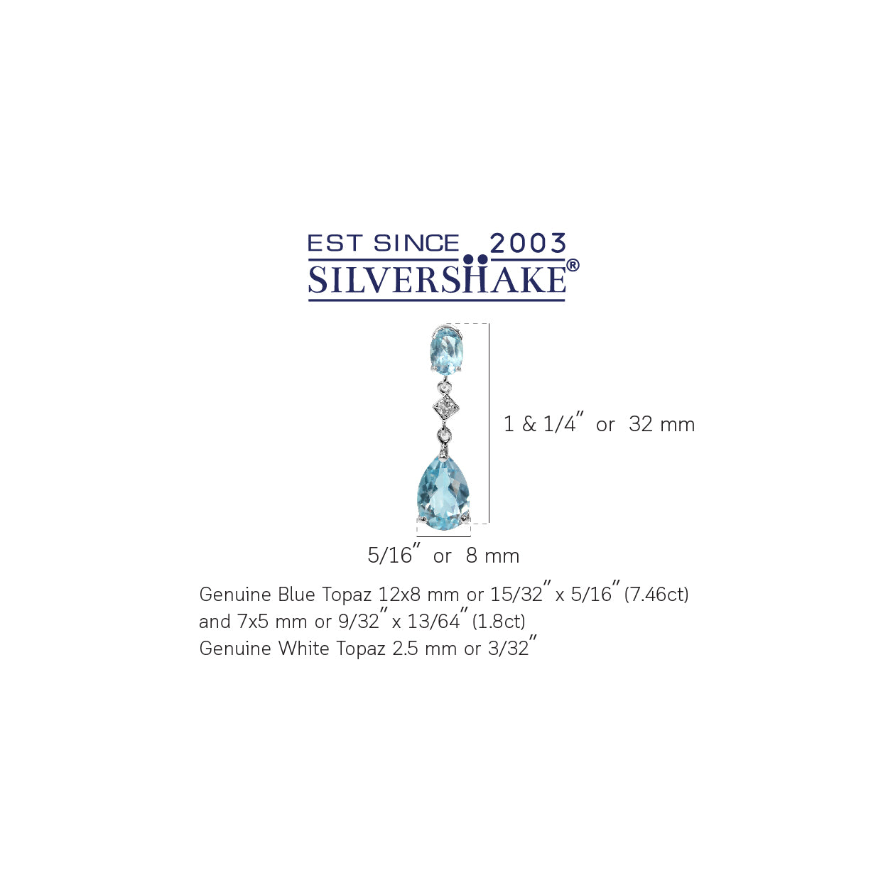 7.46ct. Genuine Blue Topaz White Gold Plated 925 Sterling Silver Drop Dangle Stud Post Earrings - Silvershake-store
