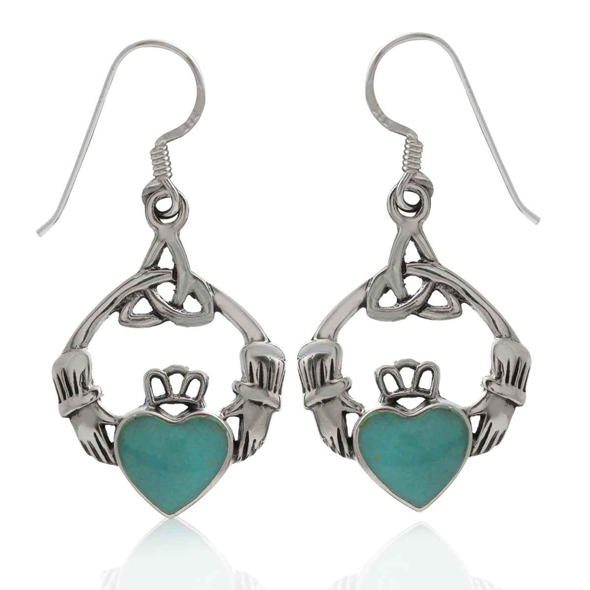 Created Green Turquoise 925 Sterling Silver Triquetra Celtic Knot Claddagh Dangle Hook Earrings