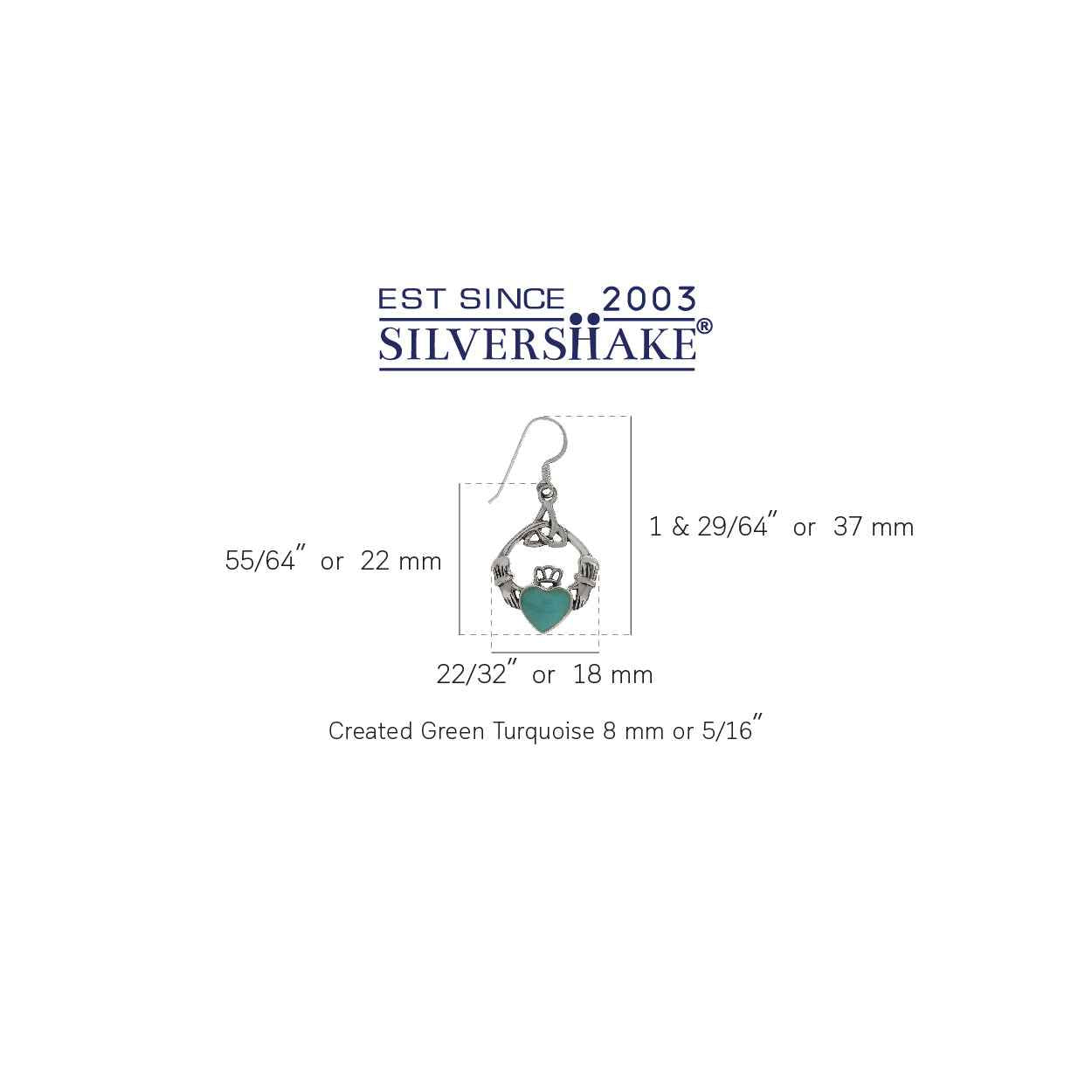 Created Green Turquoise 925 Sterling Silver Triquetra Celtic Knot Claddagh Dangle Hook Earrings