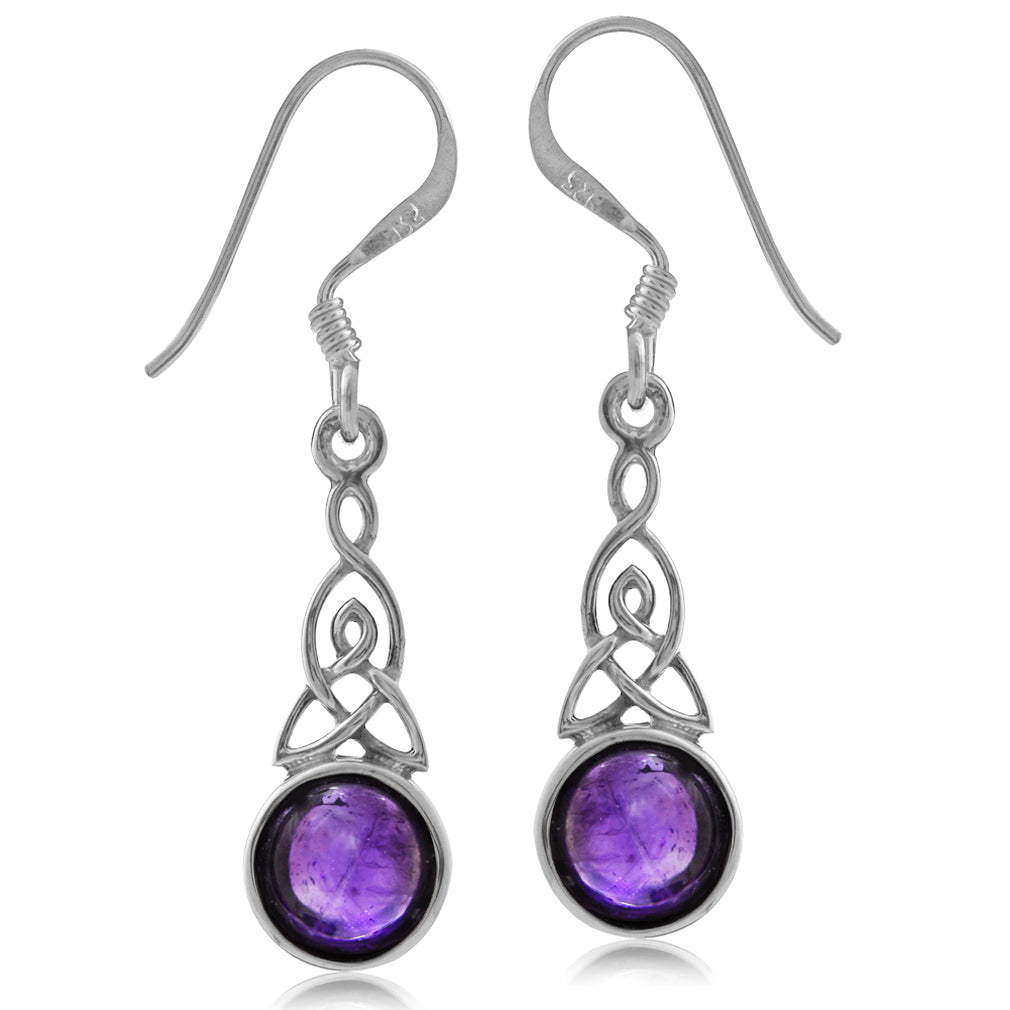 Cabochon Amethyst 925 Sterling Silver Triquetra Celtic Knot Dangle Hook Earrings - Silvershake-store