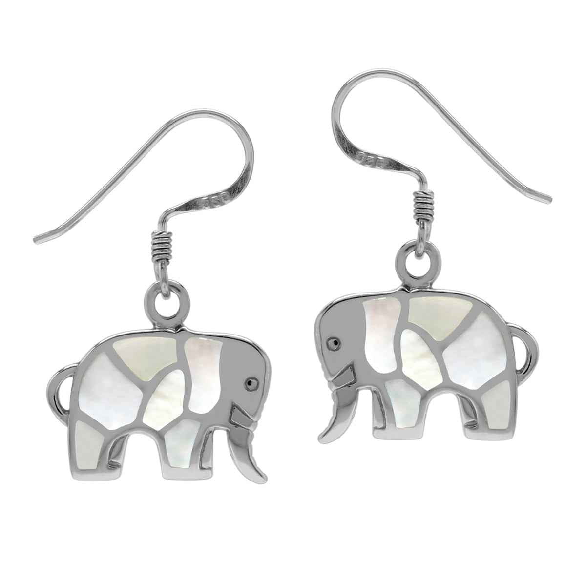White Mother of Pearl 925 Sterling Silver Elephant Dangle Hook Earrings