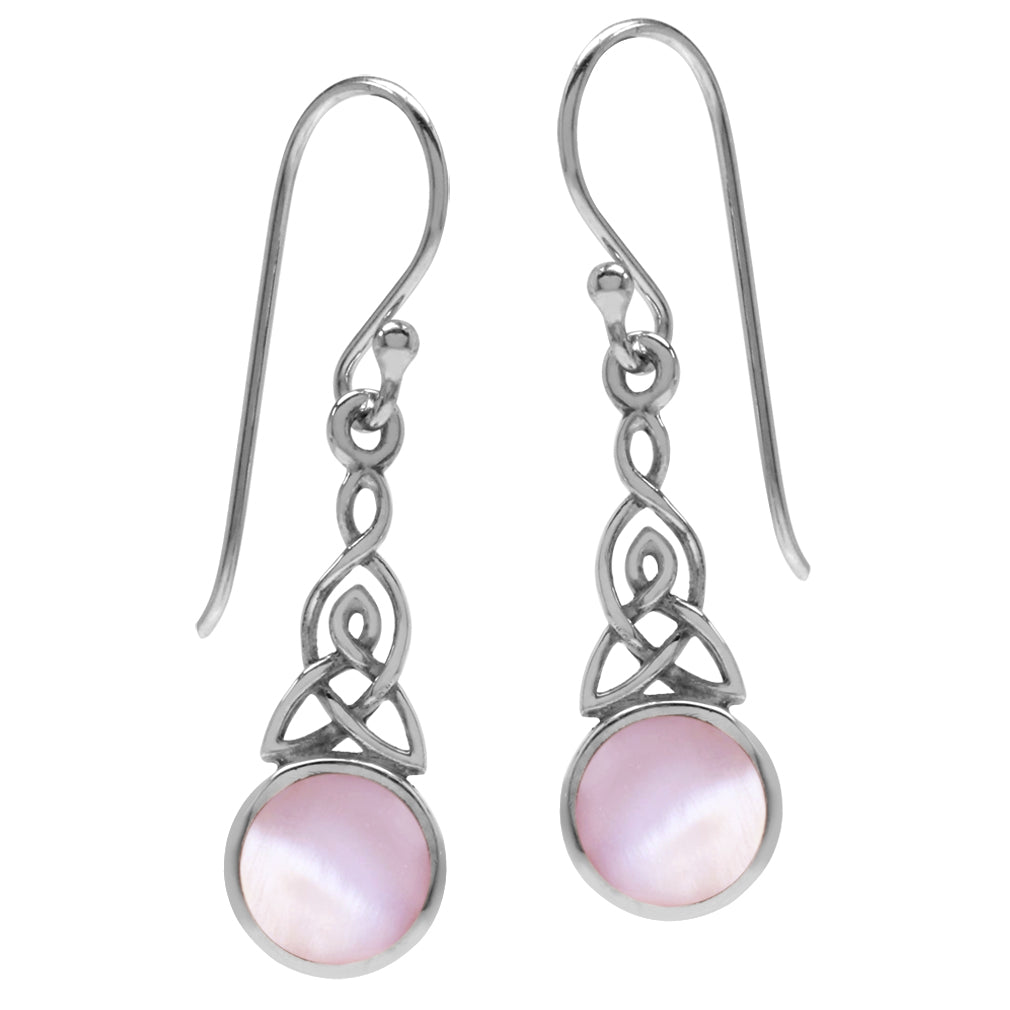 Pink Mother of Pearl 925 Sterling Silver Triquetra Celtic Knot Dangle Hook Earrings - Silvershake-store