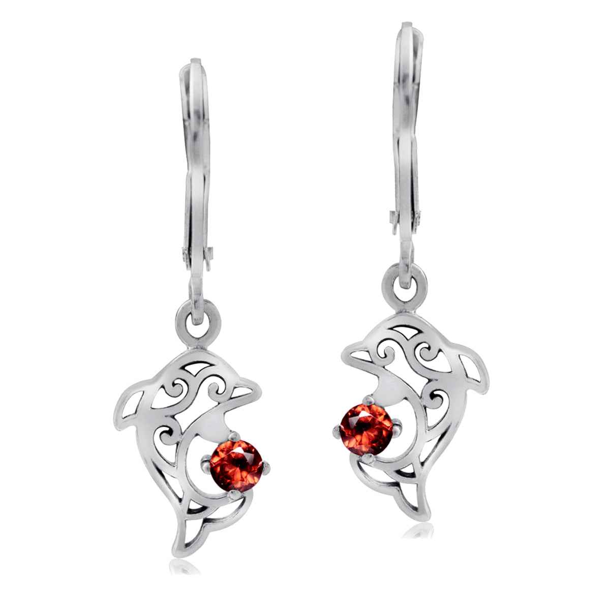 Petite Natural Garnet 925 Sterling Silver Dolphin Filigree Leverback Earrings