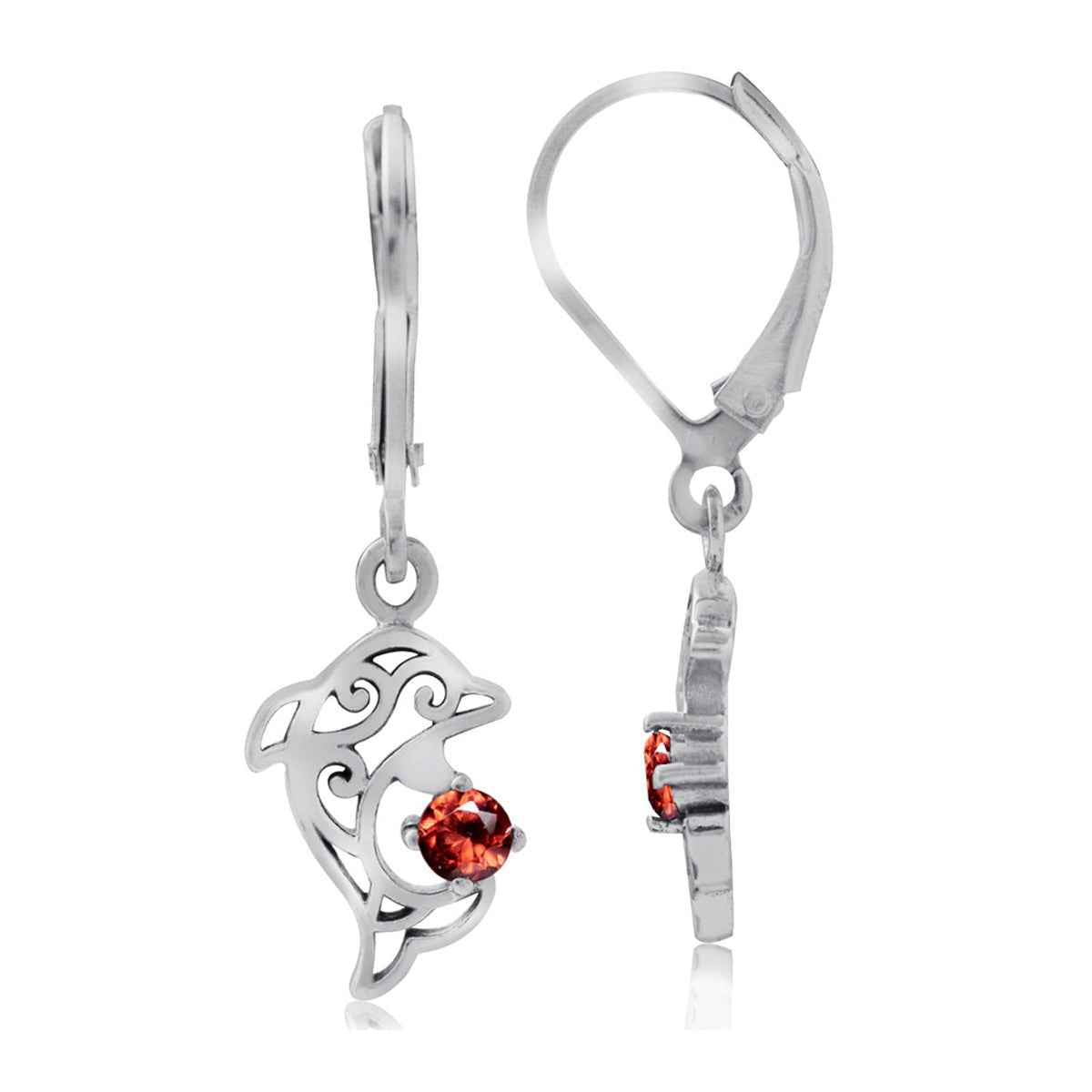 Petite Natural Garnet 925 Sterling Silver Dolphin Filigree Leverback Earrings