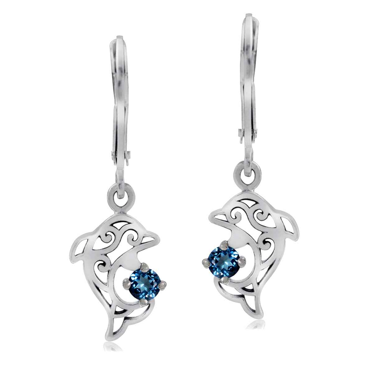 Petite Genuine London Blue Topaz 925 Sterling Silver Dolphin Filigree Leverback Dangle Earrings