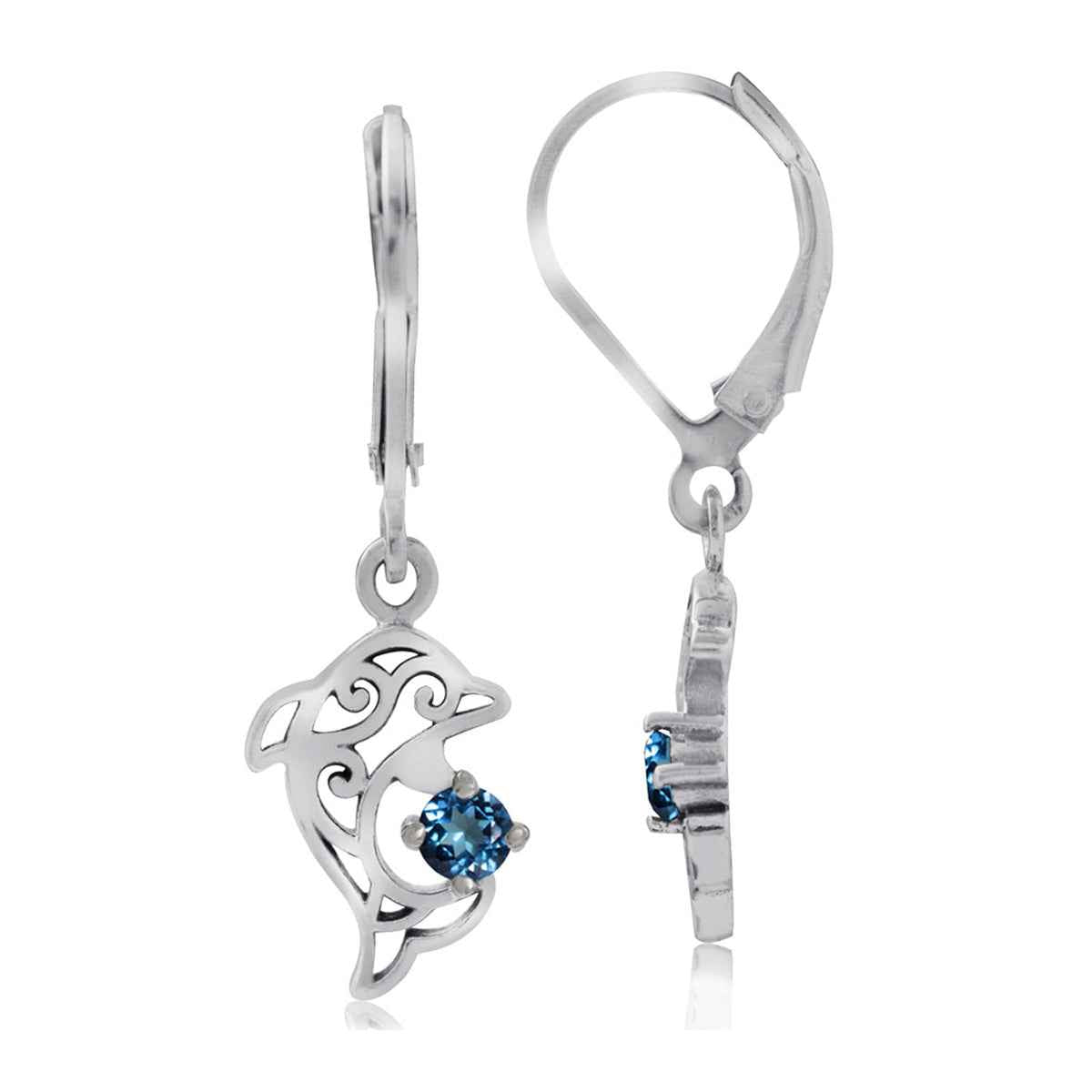 Petite Genuine London Blue Topaz 925 Sterling Silver Dolphin Filigree Leverback Dangle Earrings