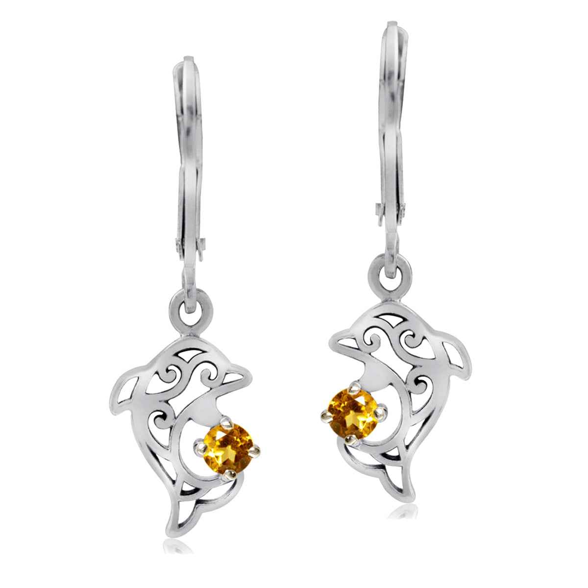 Petite Natural Citrine 925 Sterling Silver Dolphin Filigree Leverback Earrings