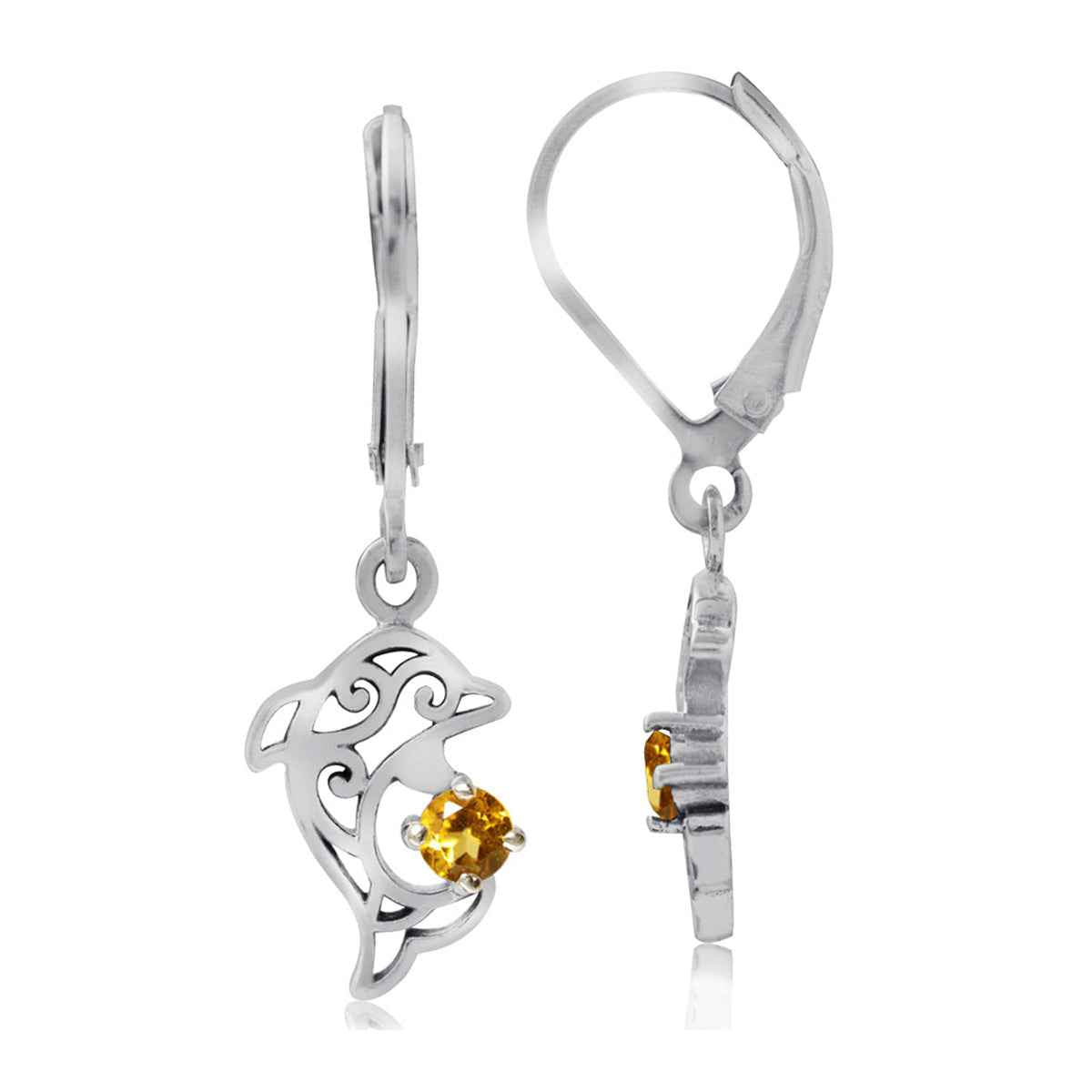Petite Natural Citrine 925 Sterling Silver Dolphin Filigree Leverback Earrings