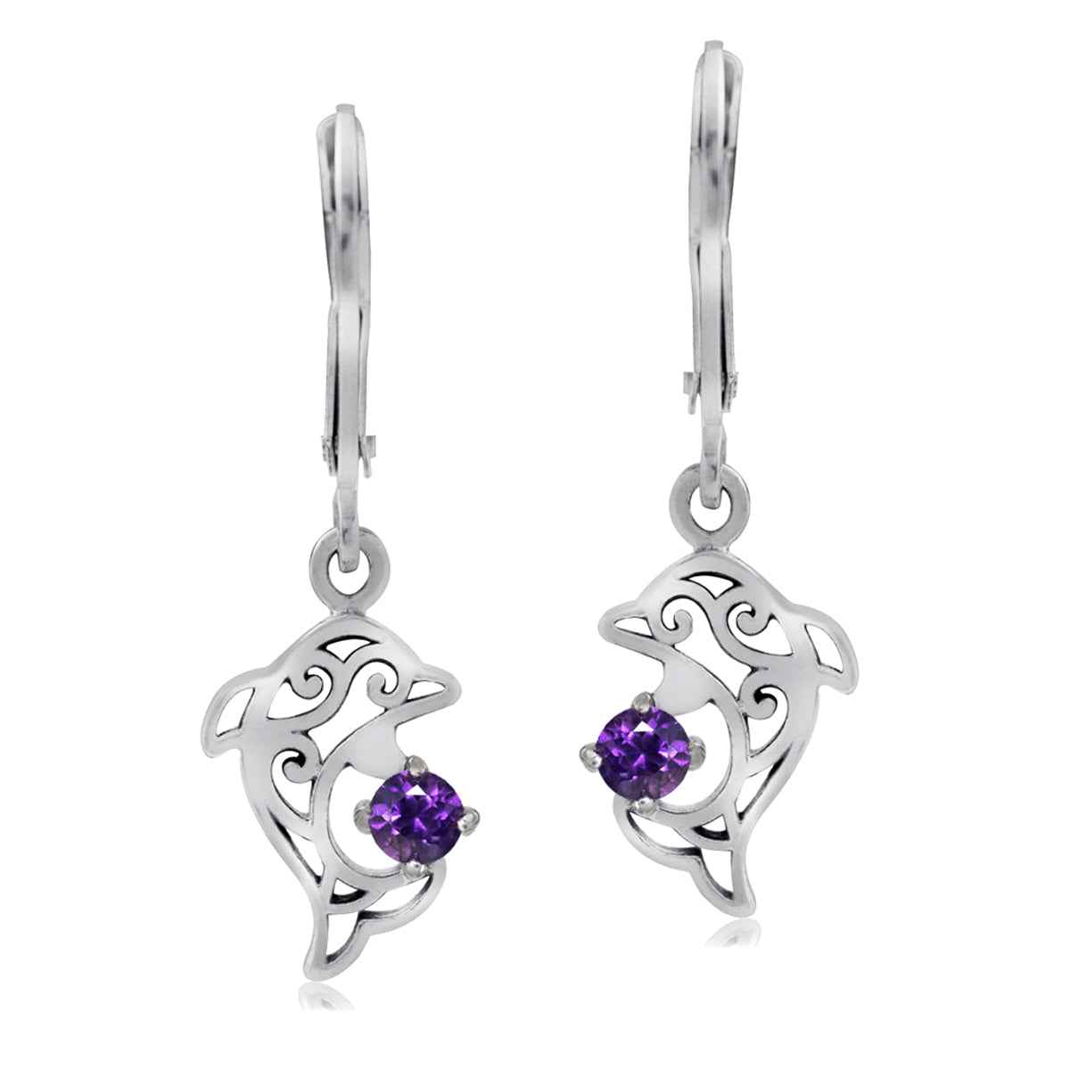 Petite Natural Amethyst 925 Sterling Silver Dolphin Filigree Leverback Dangle Earrings