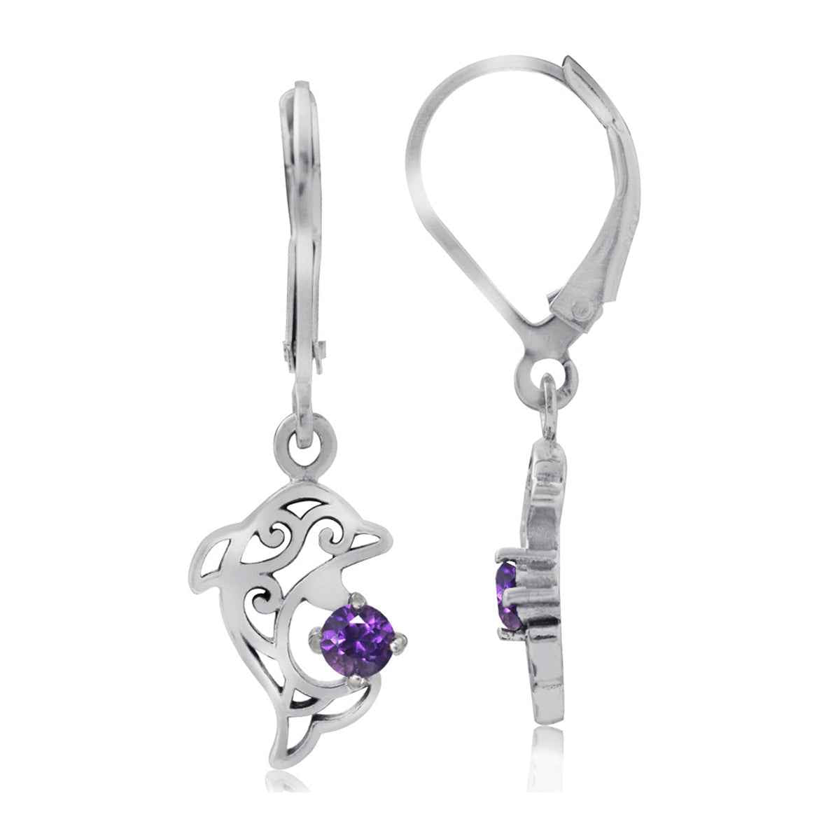 Petite Natural Amethyst 925 Sterling Silver Dolphin Filigree Leverback Dangle Earrings