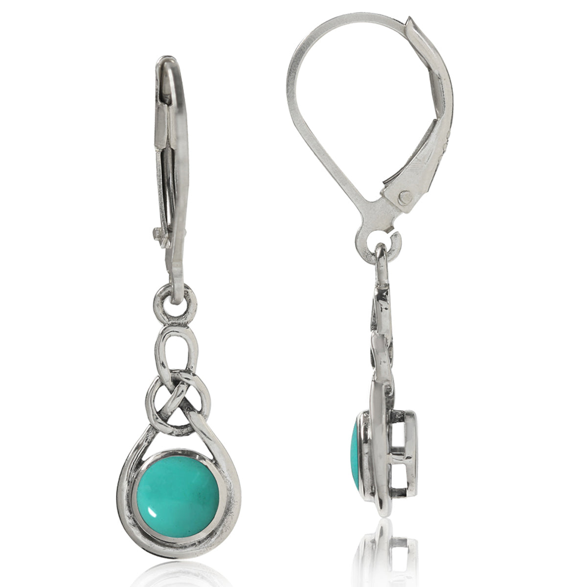 Created Green Turquoise 925 Sterling Silver Celtic Knot Leverback Dangle Earrings - Silvershake-store