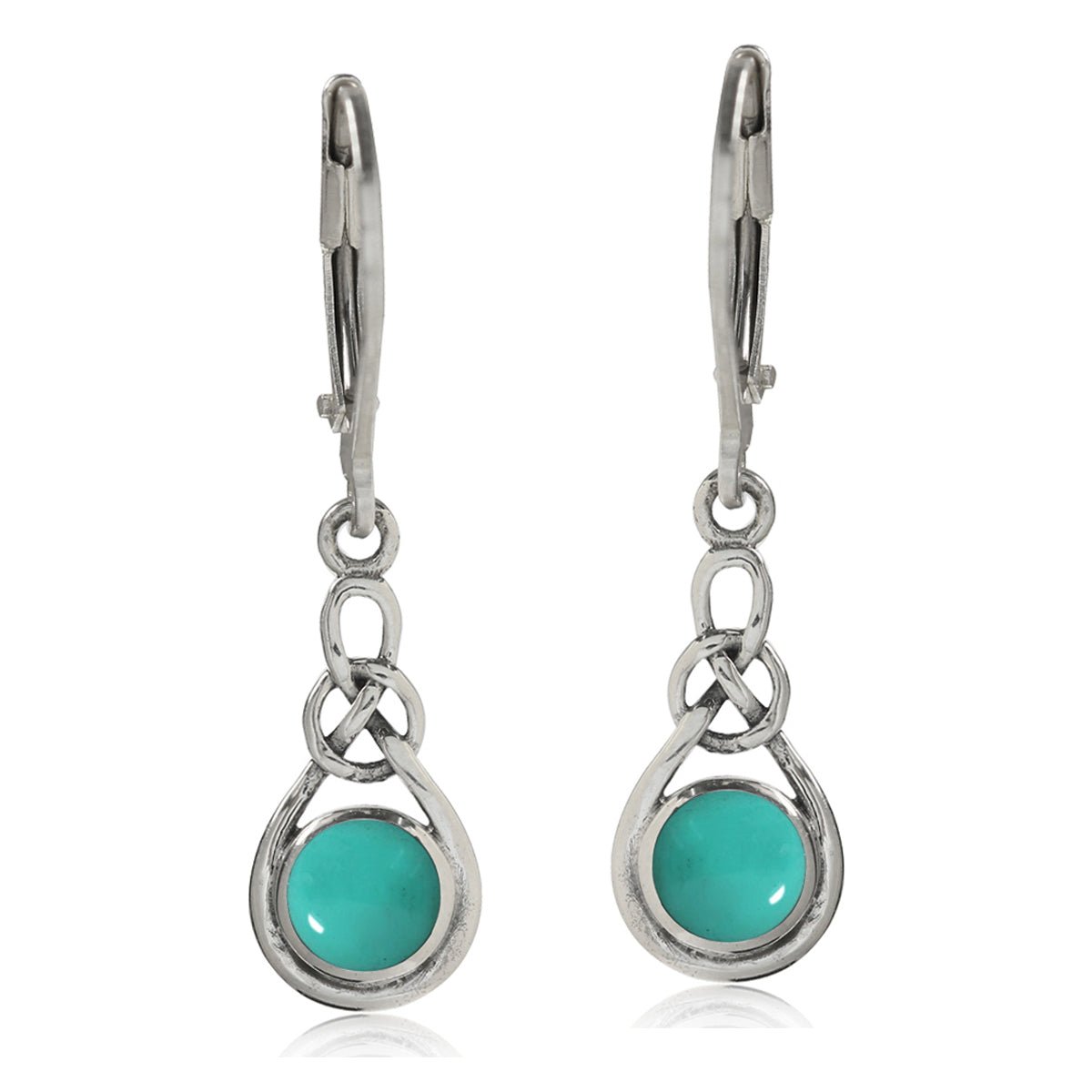 Created Green Turquoise 925 Sterling Silver Celtic Knot Leverback Dangle Earrings - Silvershake-store