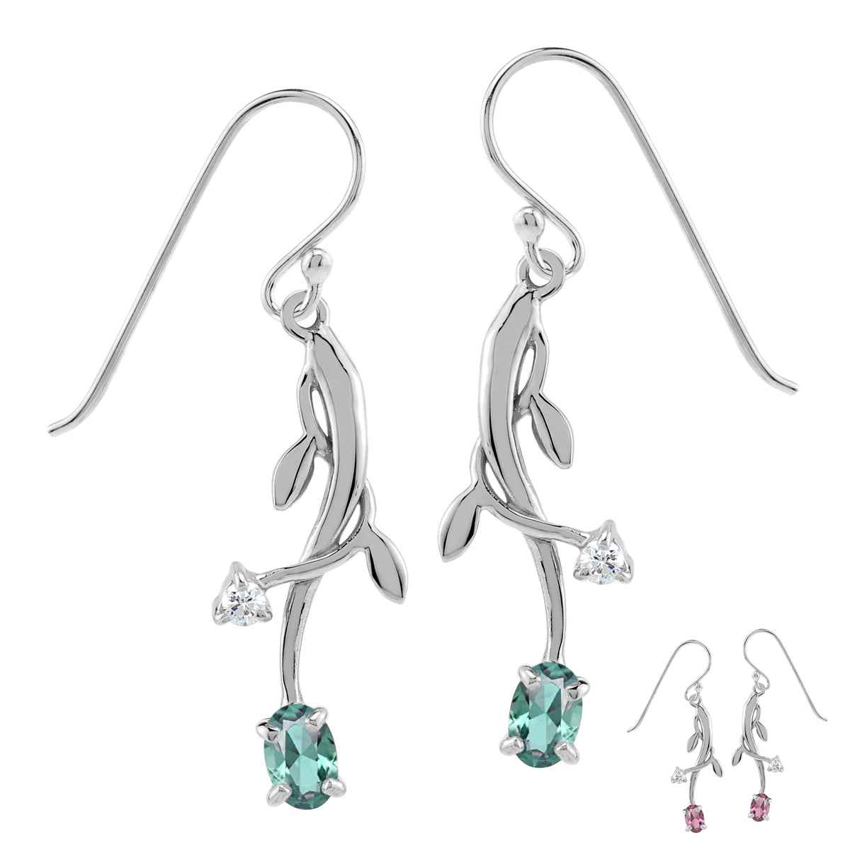Petite Simulated Color Change Alexandrite 925 Sterling Silver Vine Leaf Dangle Hook Earrings