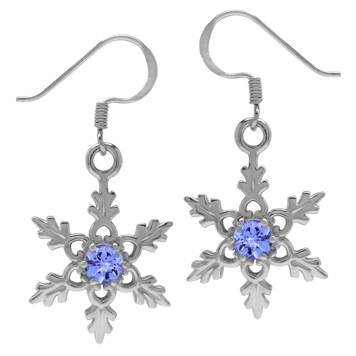Genuine Tanzanite 925 Sterling Silver Snowflake Dangle Hook Earrings