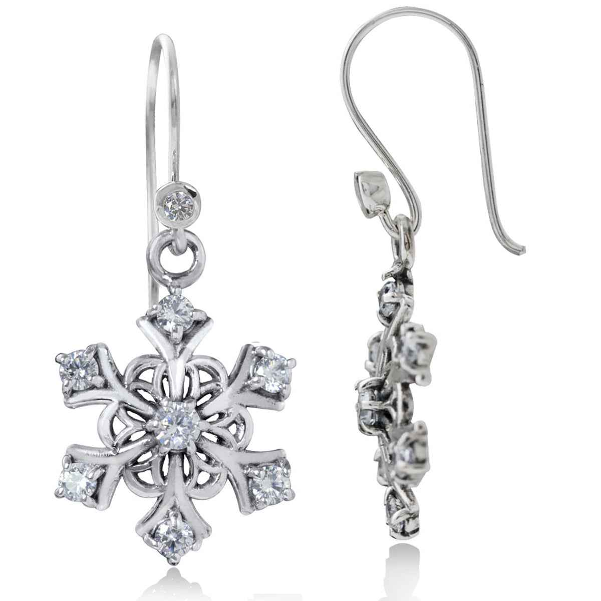 White Cubic Zirconia 925 Sterling Silver Snowflake Cluster Dangle Hook Earrings