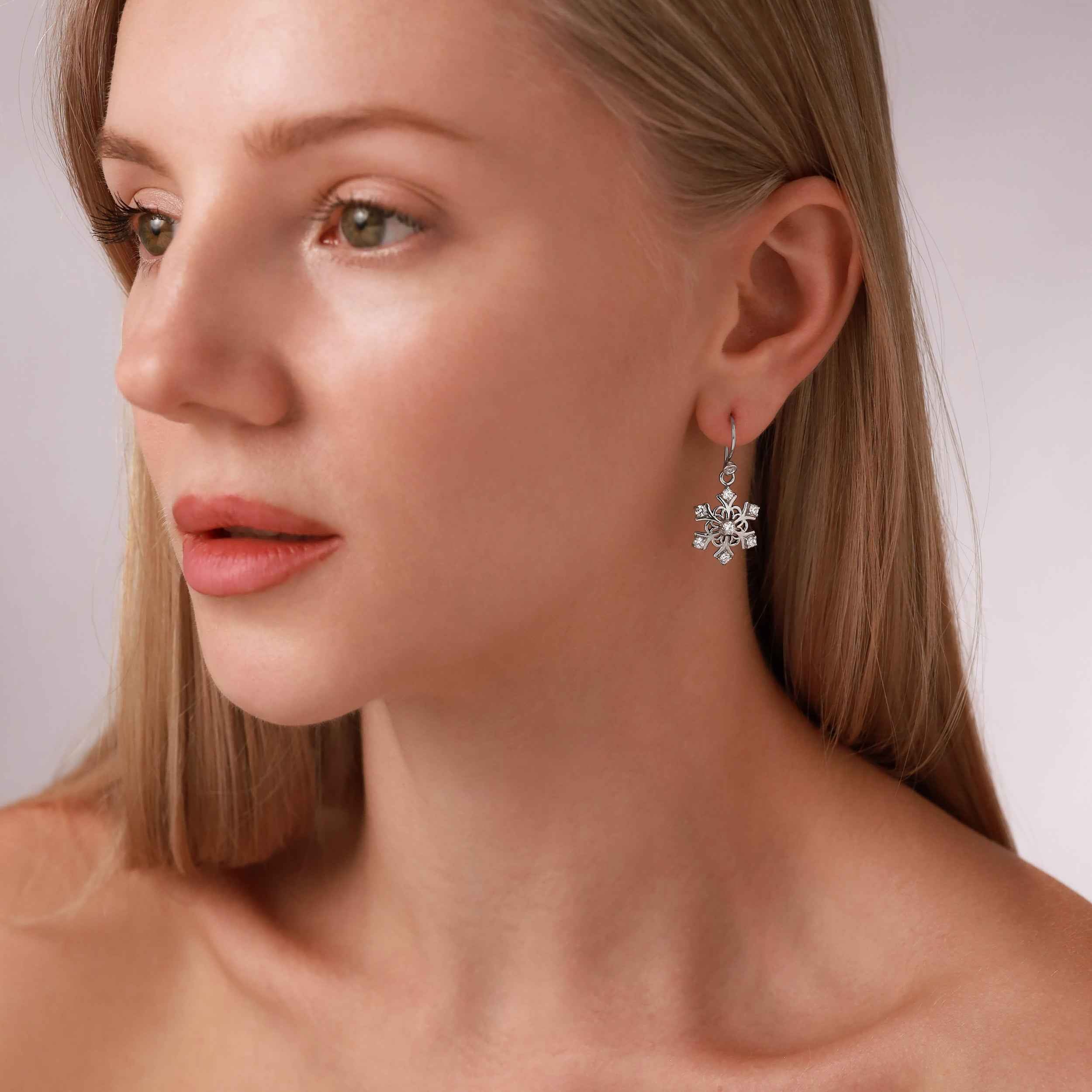 White Cubic Zirconia 925 Sterling Silver Snowflake Cluster Dangle Hook Earrings