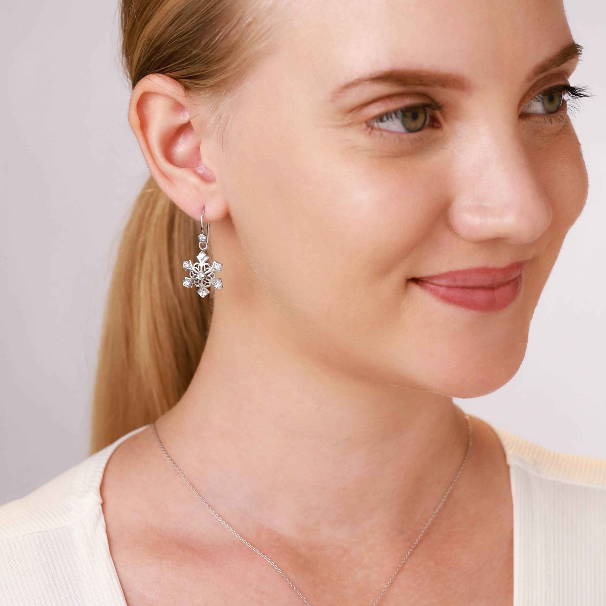 White Cubic Zirconia 925 Sterling Silver Snowflake Cluster Dangle Hook Earrings