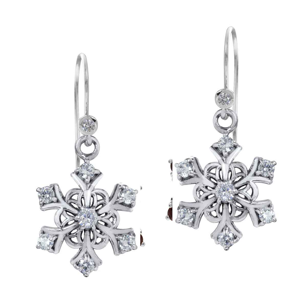 White Cubic Zirconia 925 Sterling Silver Snowflake Cluster Dangle Hook Earrings