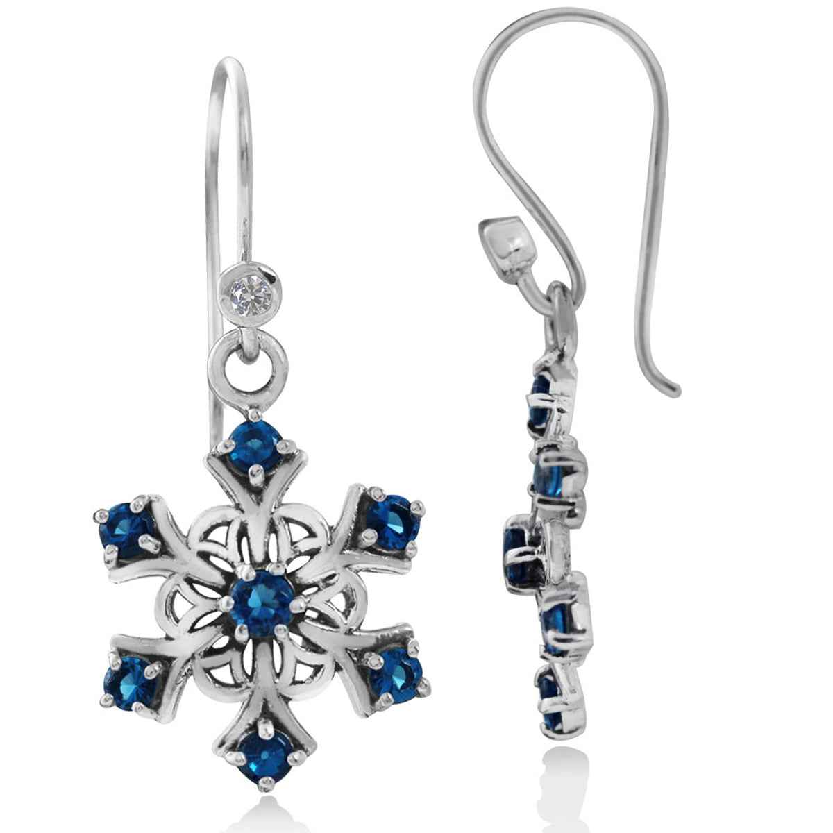 Sapphire Blue Cubic Zirconia 925 Sterling Silver Snowflake Cluster Dangle Hook Earrings