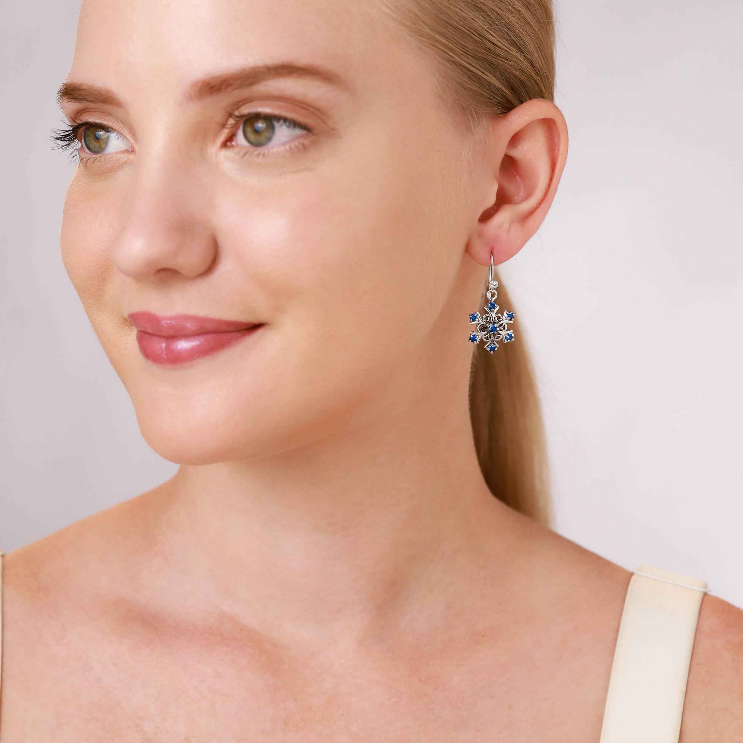 Sapphire Blue Cubic Zirconia 925 Sterling Silver Snowflake Cluster Dangle Hook Earrings